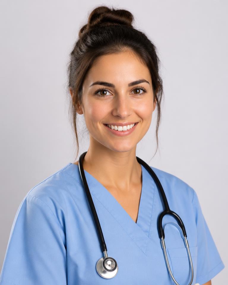 AI generated headshot of a nurse in light blue scrubs