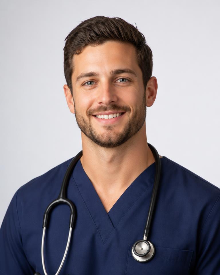 AI generated headshot of a nurse in navy scrubs