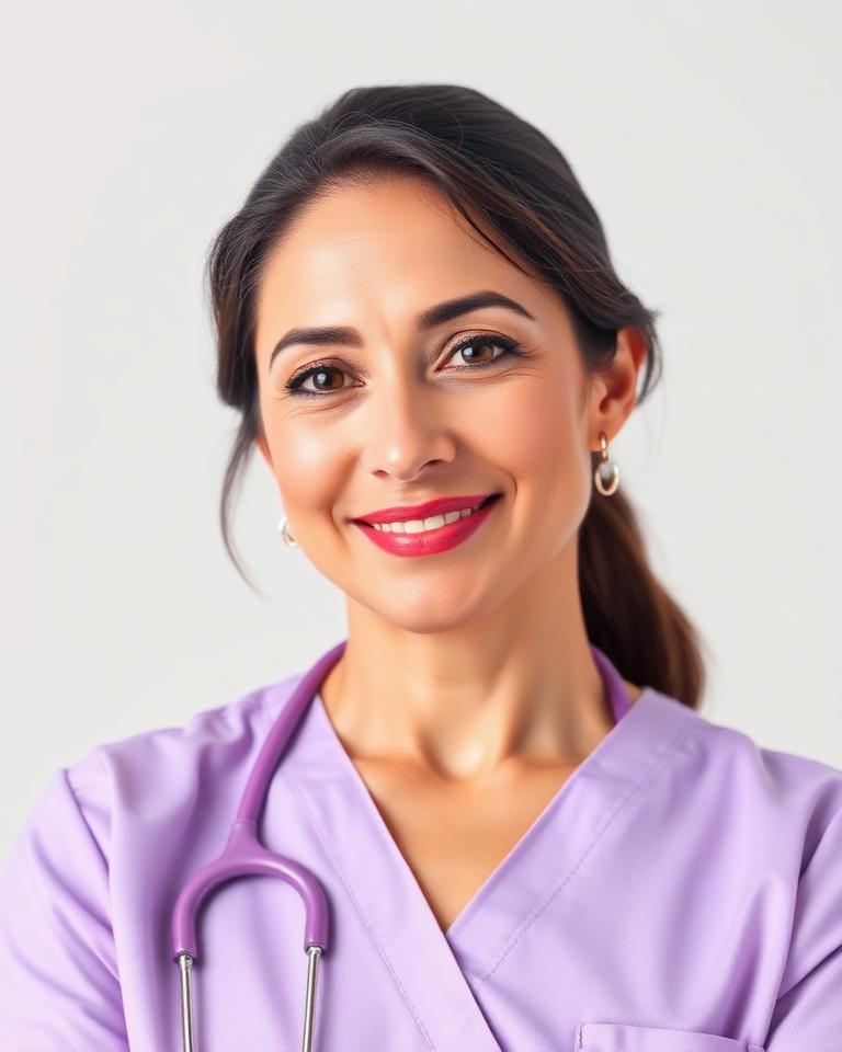 Nurse headshot in lavender scrubs