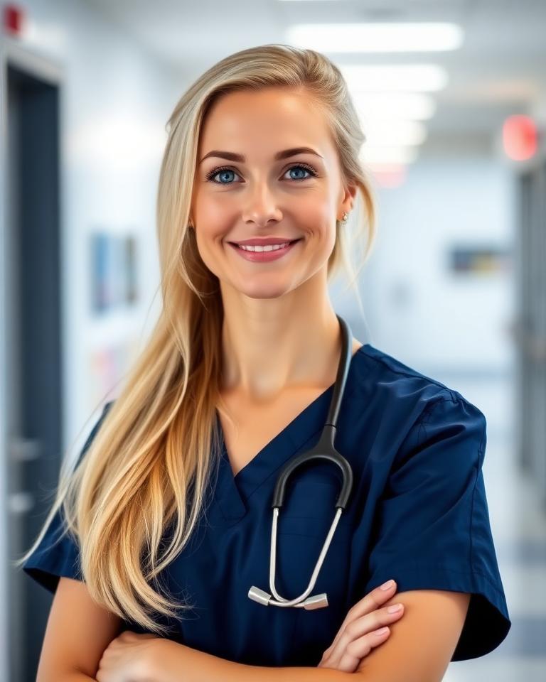 ER nurse headshot in navy scrubs